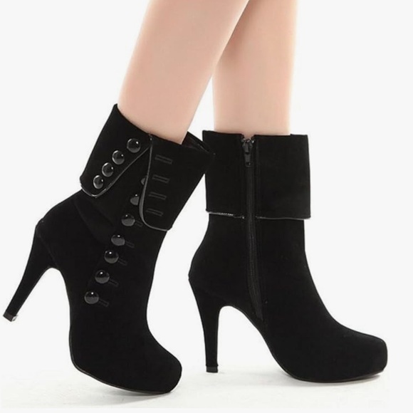 Elegant Black Velvet Women's Mid Height Heeled Boots Top Fold Over With Bottons - Picture 1 of 15